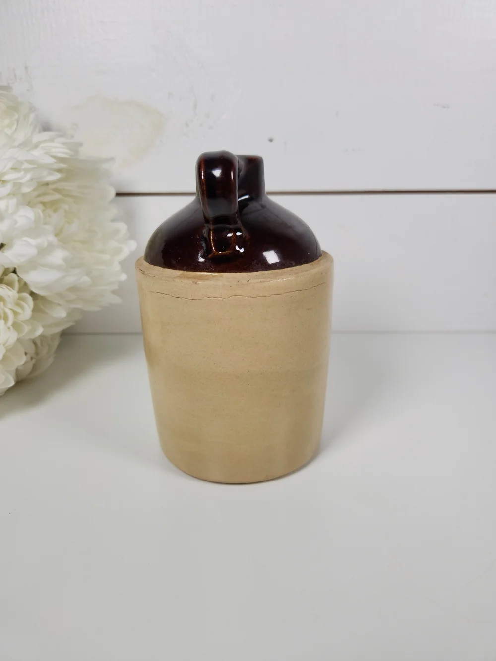 Small Vintage Brown & Beige Stoneware Pottery Jug | Rustic Farmhouse Decor